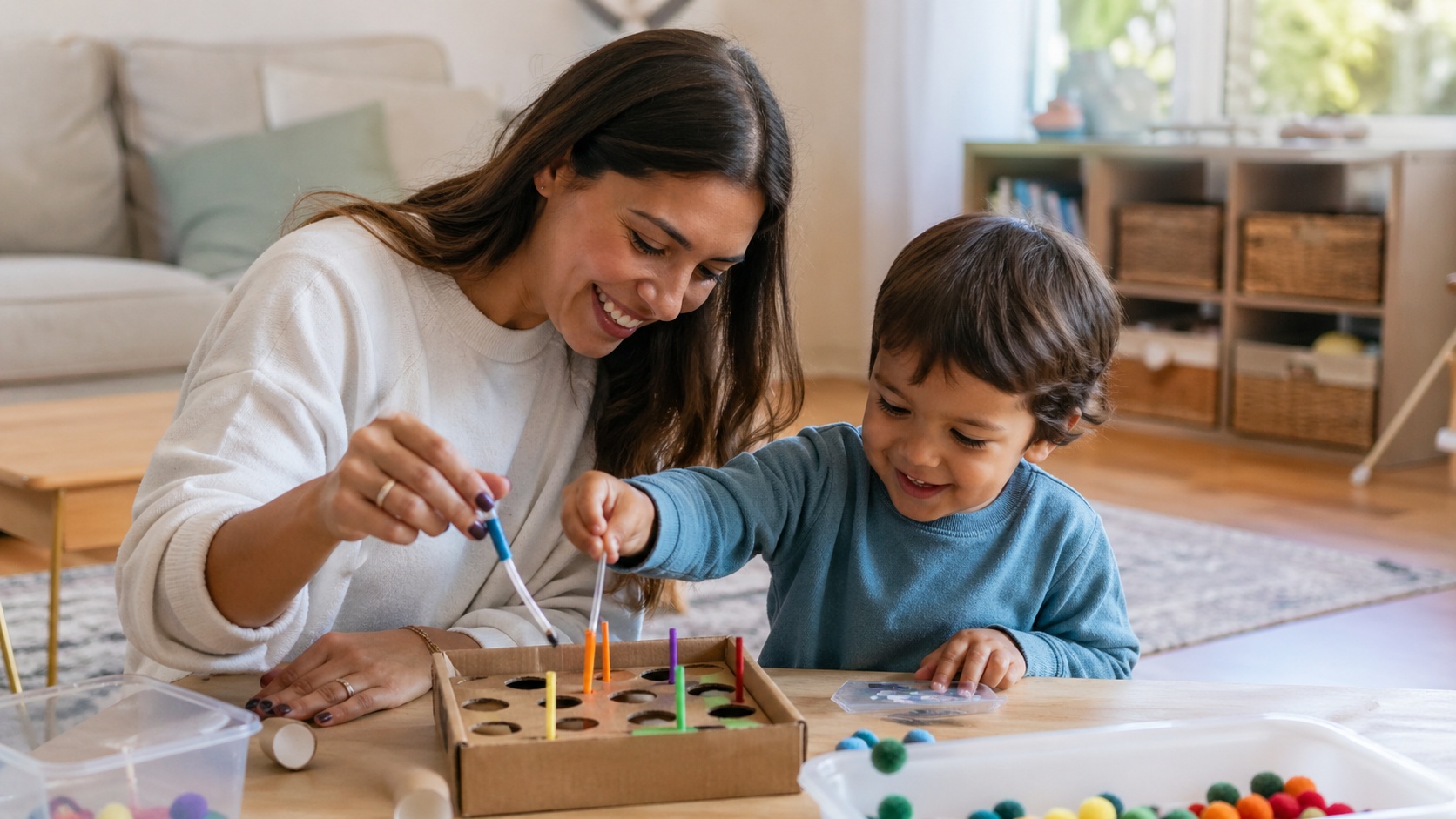 Mamá estimulando a su hijo con actividades de desarrollo