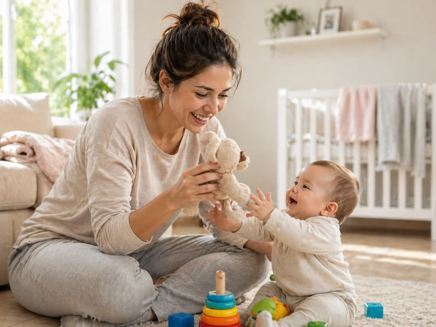 Mamá tranquila estimulando a su bebé con confianza